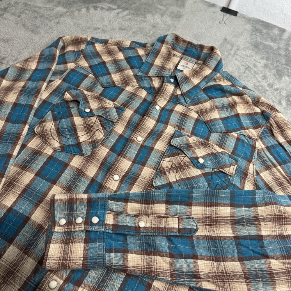 True Religion Button Up Shirt Mens XXL Brown Pearl Snap Plaid Western Cowboy - Picture 2 of 7